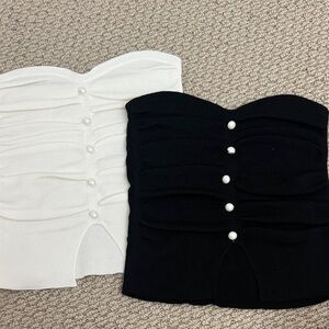 Zara Strapless Ruched Tube Tops with Pearl Buttons - Black & White